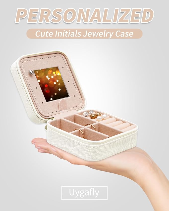 Travel Jewelry Case - Personalized Jewelry Box for Women,Small Jewelry Organizer Cute Jewelry Organizers and Storage Aesthetic,Travel Essentials Birthday Gifts for Girls Women | Cream,J