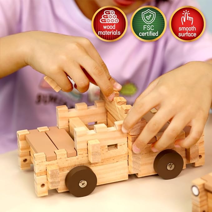 Jovi-mindly＆Notchies Space Wooden Blocks Set 101 PCS Create 40+ Shapes,Toys Educational Wooden Building Blocks Puzzles for Kids Ages 5-8 Boys and Girls,Truck/Excavator,FSC Certified