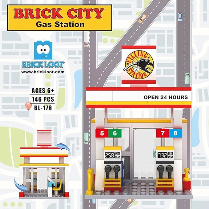 Brick Loot Mini City Gas Fuel Station Building Set – 146-Piece DIY Toy Kit for Kids & Adults, Custom Designed, Lego-Compatible Brick Model with Realistic Pumps, Ideal for Creative Play & Display