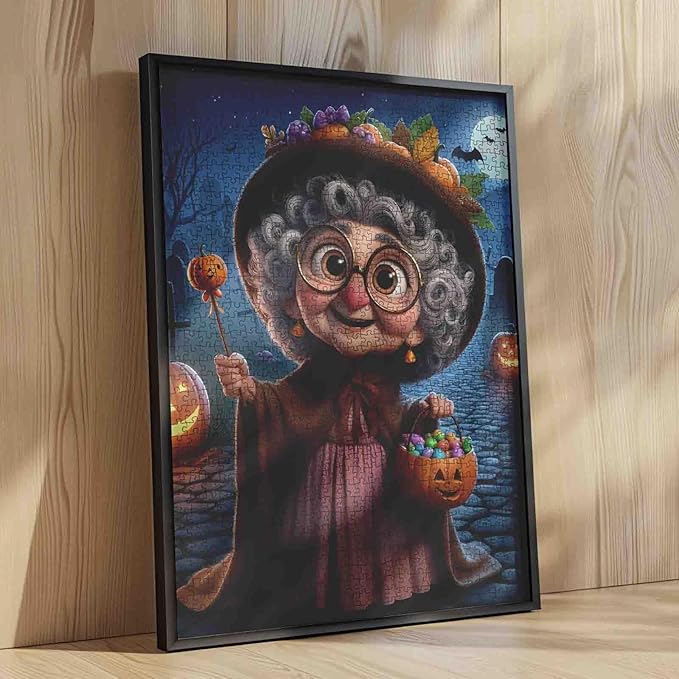 Halloween Grandma Holding Pumpkin Candy Bucket 1000 Piece Jigsaw Puzzle for Adults Students 20×27 Inches Full Moon Bats and Lanterns Cozy Fall Puzzles for Home Display and Gift Giving
