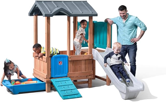 Step2 Woodland Adventure Playhouse & Slide, Kids Outdoor Playset, Backyard Playground Set, Swings, Storage Drawer, Made of Wood & Durable Plastic, Outside Jungle Gym, for Children 3-8 Years Old