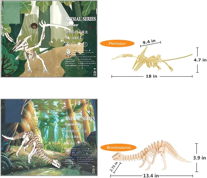 3D Wooden Dinosaur Puzzle - 6 Piece Set Wood Dinosaur Skeleton Model Puzzle - DIY Wooden Crafts 3D Puzzle - STEM Toys Brain Teaser Puzzle Gifts