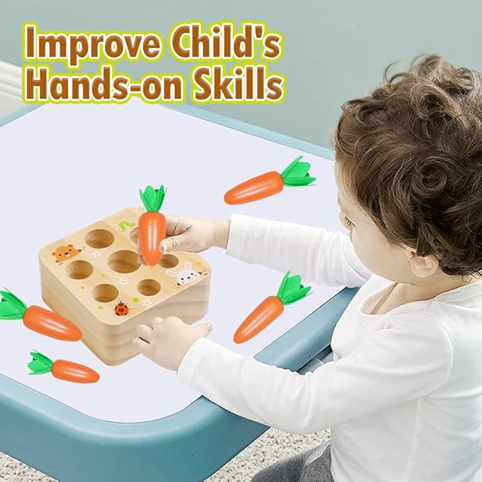Skrtuan Montessori Toys for Babies 36 Months, Wooden Toys for 3 4 5 Year Old Toddlers, Educational Carrot Harvest Shape Sorting Matching Puzzle, Developmental Birthday Gifts for Boys and Girls