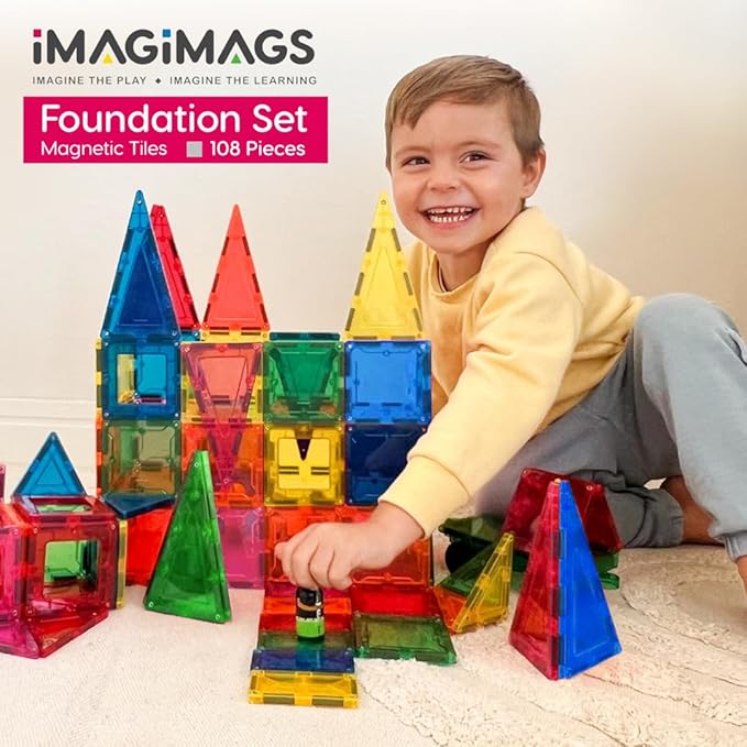 Magnetic Building Tiles, 108 Piece Foundation Set for Boys Girls Kids, Educational Creative Learning Activity Building Block Toddler Toys, STEM, Children Ages 3 Years +