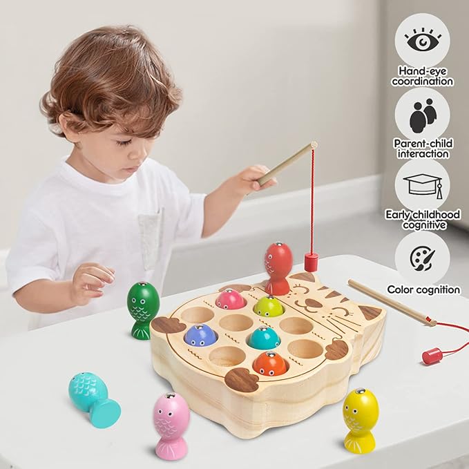 Fishing Game for Kids 3-5,Wooden Montessori Preschool Education Learning Hand-Eye Cognition & Fine Motor Skill Color Sorting Magnetic Fishing Toys Easter Basket Stuffers for Toddler Boys Girls