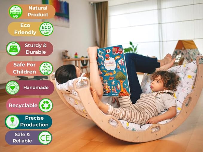 Climbing Arch | Montessori Rocker Arch | Arch with Cosy Pillow | Wooden Climbing Arch with Cushion | Wooden Climbing Arch and Rocker | Indoor Playground Cosy Cushion Rocker (Flamingo)