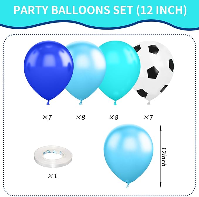 Soccer Ball Balloons, 12 inch Football Balloons Blue Teal Light Blue Soccer Birthday Latex Balloons for Boys Soccer Theme Birthday Party Supplies Children Football Party Decorations