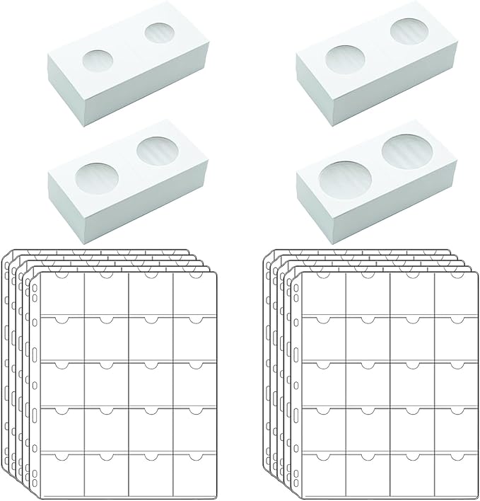 200 PCS Cardboard Coin Flips with 10 Sheets Coin Pocket Pages, 4 Assorted Sizes 2" x 2" Cardboard Coin Holders Coin Flips Coin Collection Supplies for Dime, Dollars, Penny, Quarter, Nickels Collecting
