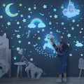 Glow in The Dark Stars and Unicorn Wall Decals, Glowing Castle Moon and Rainbow Stickers, 174 pcs Luminous Ceiling Decor for Kids Bedroom, Decoration for Girls and Boys Room (Blue)