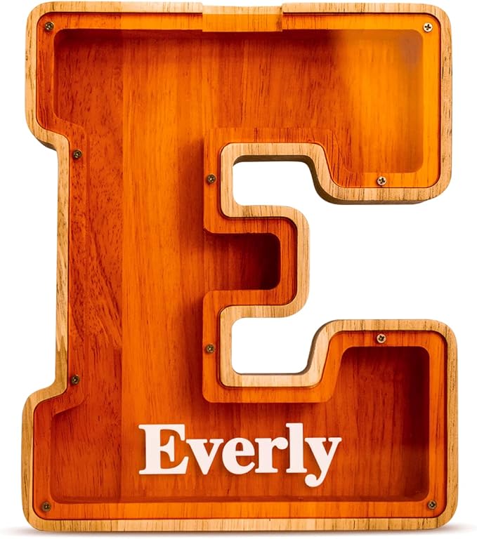 Customized Name Large Wooden Piggy Bank for Kids Boys Girls Alphabets Letter A-Z Coins Bills Money Change Bank Box Initial on Clear Cover (Laser Engraved) (Alphabet-W, Personalized-9")