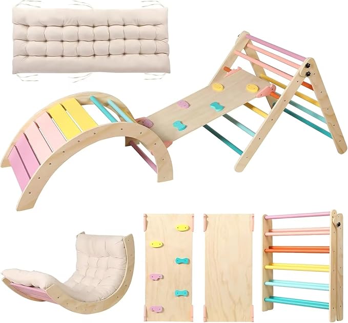 Pikler Triangle Set with Cushion Large, 5 in 1 Toddler Climbing Toys Indoor, Montessori Foldable Climbing Set for Kids, Wooden Playground Jungle Gym with Ramp, Arch and Ladder (Color-B)