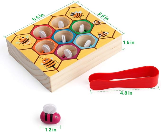 Coogam Toddler Fine Motor Skill Toy, Clamp Bee to Hive Matching Game, Montessori Wooden Color Sorting Puzzle, Early Learning Preschool Educational Gift Toy for 3 4 5 Years Old Kids