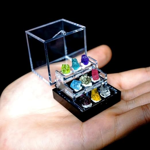 9 Rare Natural Gemstone Collection Gift Box-Peridot, Apatite & 7 Exquisite Minerals-Square Acrylic Tiered Display Case - Ideal Birthday & Christmas Gifts for Mineral Enthusiasts,Geography Enthusiast