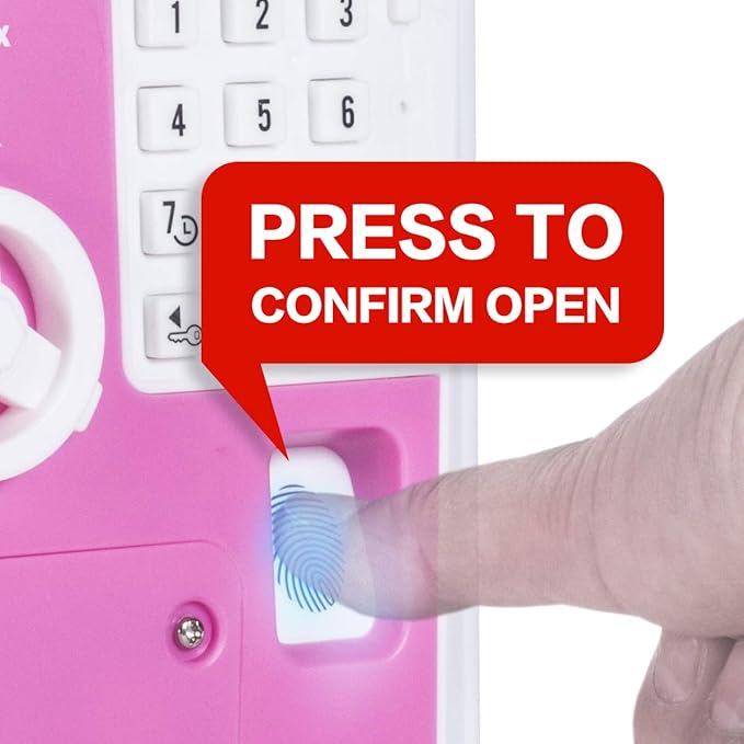 Toy Safe Box, Electronic ATM Piggy Bank, Money Coin Savings Bank, Finger Print Scanner Lock, Great Gift for Children Kids (Pink/White)