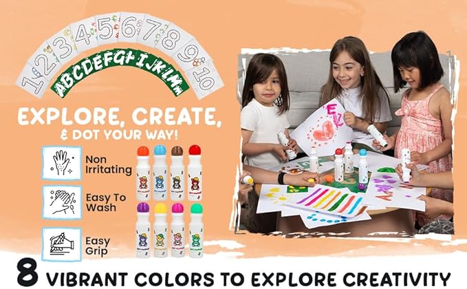 8 Washable Non-Toxic Dot Art Marker for Children Early Education, Fun Art Bingo Daubers Supplies with Alphabet Stencils and Activity Sheets
