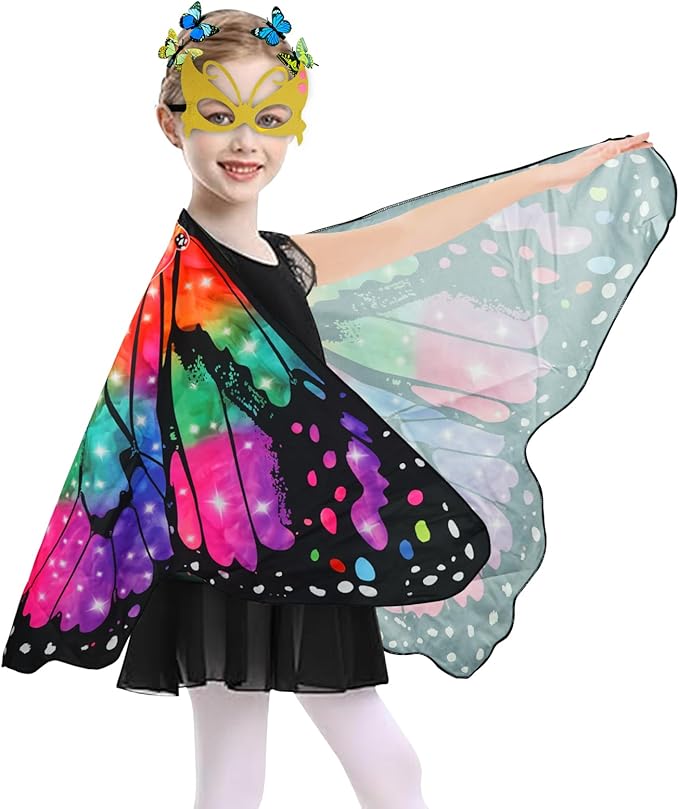 Butterfly Costume for Girls Fairy Wings Kids 4 Pcs(Cape,Skirts,Masks,Hair Clips) Butterfly Wings for Halloween Gifts