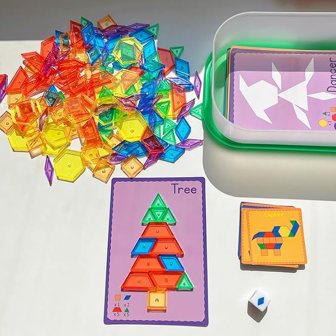 140 Pcs Translucent Pattern Blocks,Geometric Shapes,Translucent Toys,Light Table Accessories and Manipulatives,Includes 46 Activity Cards