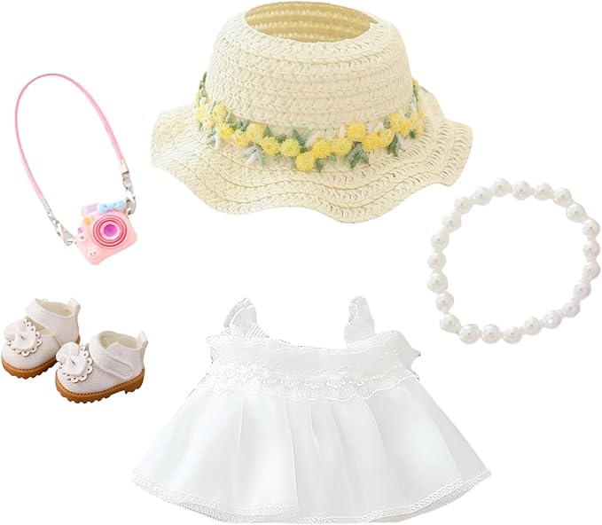 Clothes for Dolls Accessories, Outfit Set 5 Pieces Gauze Dress for 15cm 17cm Doll (No Doll), Romantic Hat Skirt Shoes Doll Clothing Set Replacement White
