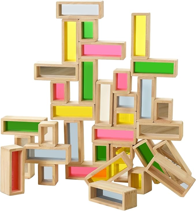 Large Wooden Building Blocks Set for Toddlers, 36 PCS Big Colorful Rainbow Window Hollow Blocks Set Montessori STEM Construction Toy for Kids Sensory Stacking Blocks for Preschool Kindergarten Play