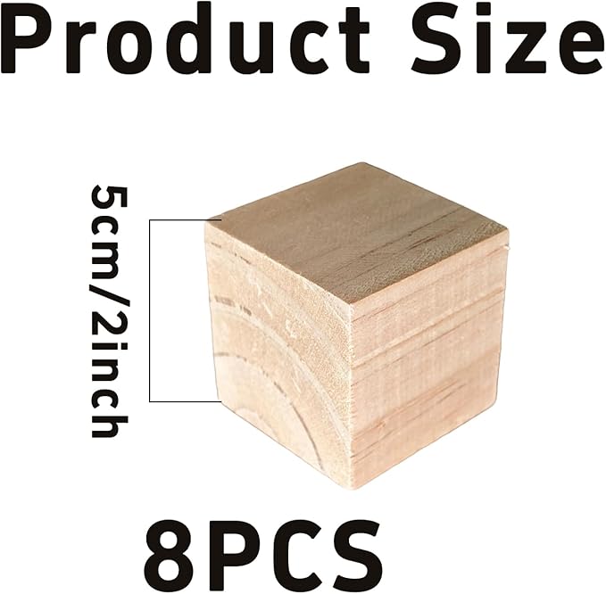 8Pcs 5cm Unfinished Wood Cubes, 2” Natural Square Wooden Blocks for Math Counting, Crafts, and DIY Projects