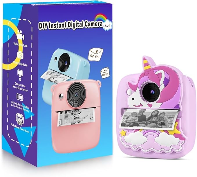 Kids Camera Instant Print, Christmas Birthday Gifts for Gils Age 3-8, 48MP &1080P Children Camera with Silicone Cover, Portable Toy Instant Camera for Kids 3 4 5 6 7 8 9 10 Year Old Girls
