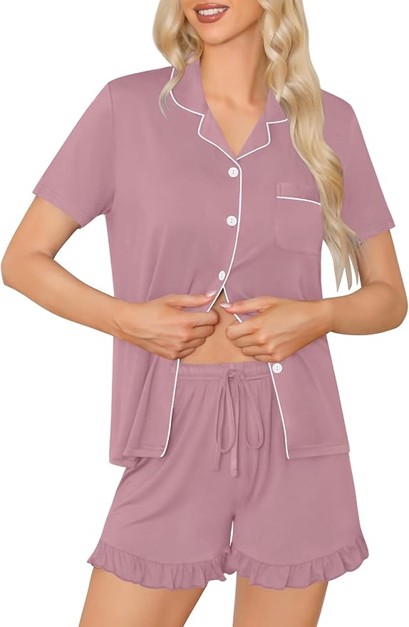 SWOMOG Womens Button Down Pajamas Set Short Sleeve Sleepwear Bride Soft Pj Lounge Sets XS-3XL