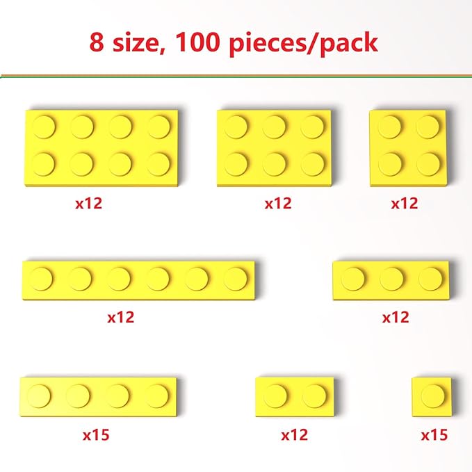 100 Pieces Classic Building Plate Assortment Pack, 8 Sizes Small Baseplates Multipacks, Compatible with Lego Parts and Pieces, Small Plate for Building(Color:Yellow)