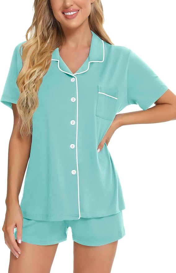 SWOMOG Womens Button Down Pajamas Set Short Sleeve Sleepwear Bride Soft Pj Lounge Sets XS-3XL