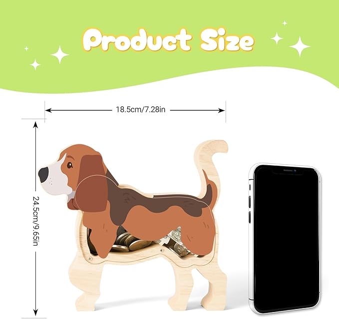 Wooden Beagle Dog Piggy Banks for Kids, Adorable Dog Piggy Bank with Acrylic Panels, Unbreakable Toddler Money Box for Boys Girls, Cute Saving Coin Jar for Birthday Décor