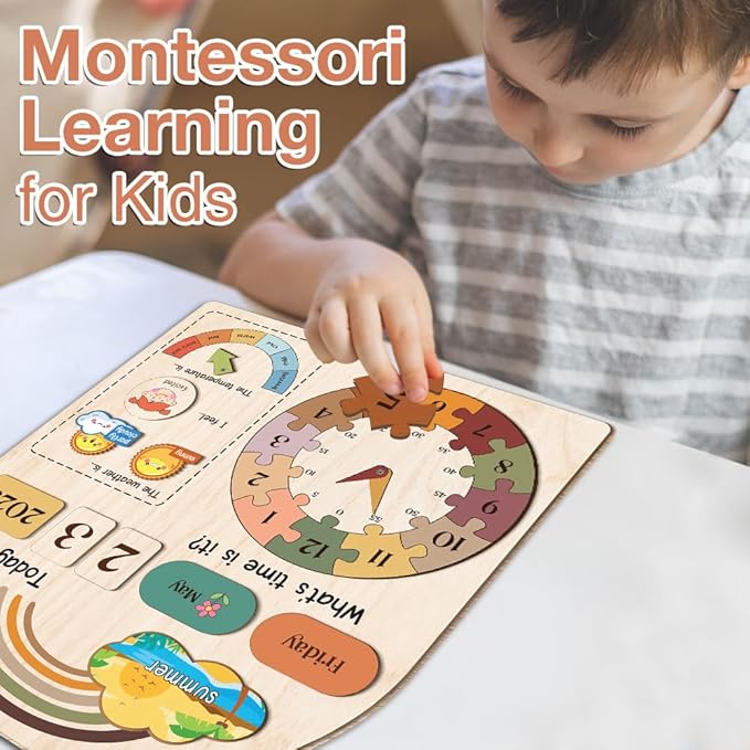 Interactive Calendar for Kids Ages 3+, Wooden Toddler Calendar, Teaching Seasons, Years, Months, Days of Week, Daily Activity Calendars for Kid Preschool & Homeschool (04 - Rainbow)