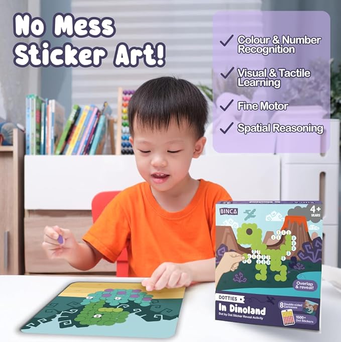 BINCA Dotties Dot Art Activity Kit, 1500+ Stickers, 8 Dinosaurs Mess-Free Activities, DIY Dot Sticker Art for Toddlers, Kids Travel Activities, Craft Kits & Gifts for Girls Ages 4,5,6,7