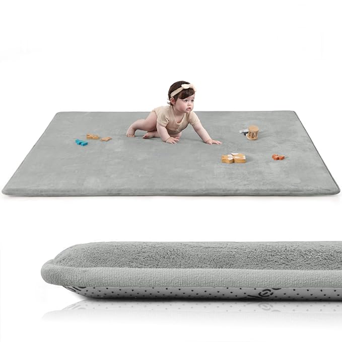 Baby Play Mat for Floor,Extra Large 59"×71" Tummy Time Mat,Thicker Memory Foam Mat for Toddler,Infant,Kid,Water Repellent Ultra Soft Coral Velvet,Non-Slip Backing Safe for Crawling(Light Grey)