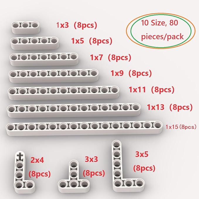 White Liftarms Thick Bulk Assortment Pack, 80 Pieces White Liftarms Beams with 10 Size, Compatible with Lego Parts and Pieces(Color: White)