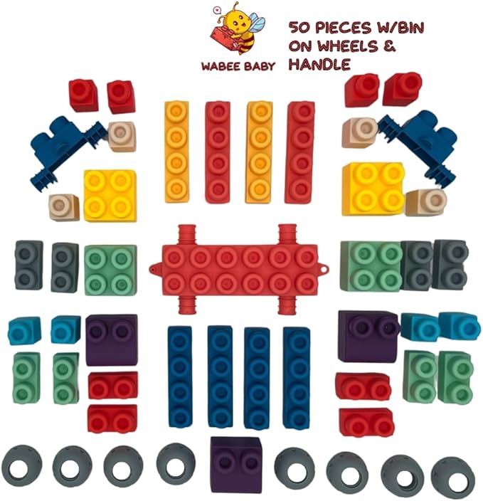 Large Soft Rubber Toddler Blocks, 50 Pieces in Storage Bin on Wheels - Includes Booklet, Toy, Gift, Birthday, 6m, 1-2, 2-4, 2-3, 3-5 Ages