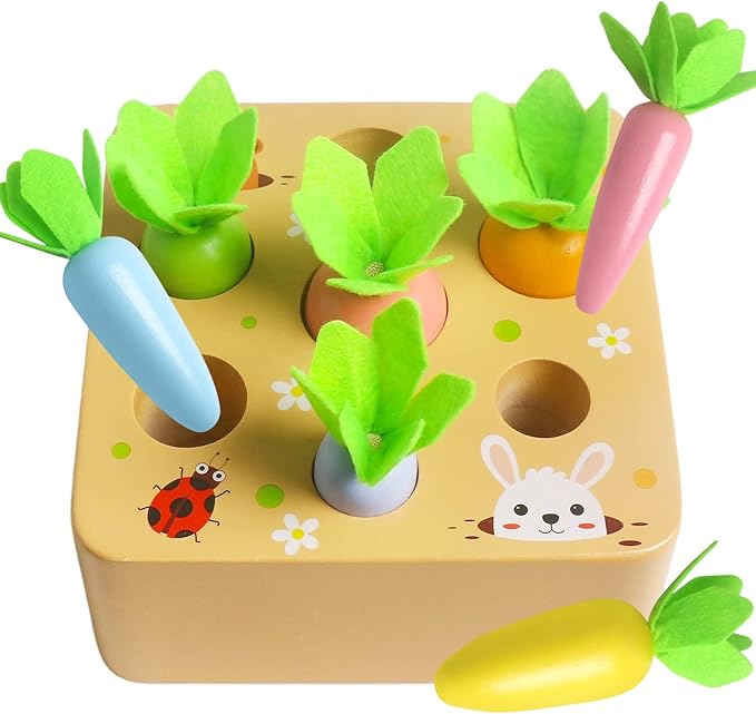 Skrtuan Wooden Toys for 3 Year Old Toddlers Baby Boys and Girls, Montessori Toy Carrot Harvest Game Shape & Sorting Matching Puzzle, Educational Developmental Birthday Gifts for Babies