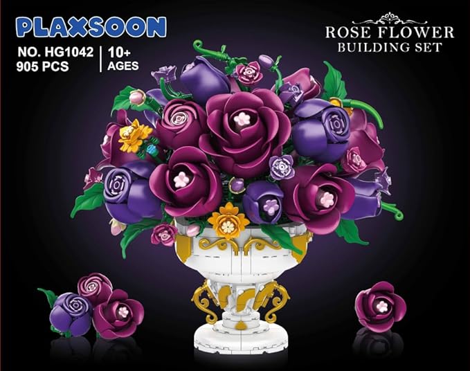 Purple Rose Flower Building Set with Vase, 969 PCS Botanicals Flowers Bouquet Building Block Kit, 18 Rose Bonsai Plant Collection Home Decor, Birthday Gift for Adults Women Boys Girls 12+
