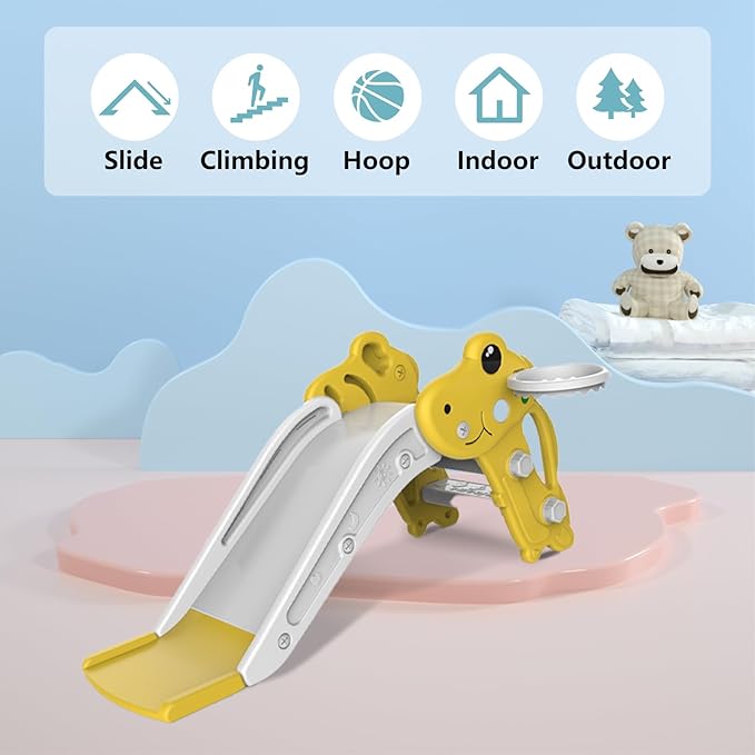 Toddler Slide,Kids Slide Playset for Toddler,Indoor Outdoor Slide Toddler Playset with Ball & Hoop, and Non-Slip Steps,Gift for Boys and Girls 1-3 Years (Yellow)
