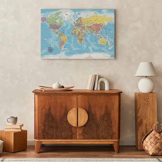 artgeist Canvas Wall Art Print World Map 35x24 in - 1pcs Home Decor Framed Stretched Picture Photo Painting Artwork Image Worldmap Continents Travel Gift k-C-0128-b-a
