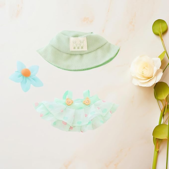 17cm Doll Clothes Set, 3 Pieces Dress Outfit Set for 6.7inch Doll Suit, Fashion Chic Hat & Clothes Accessories for 1st/2nd/3rd Gen Dolls Play & Display Light Green