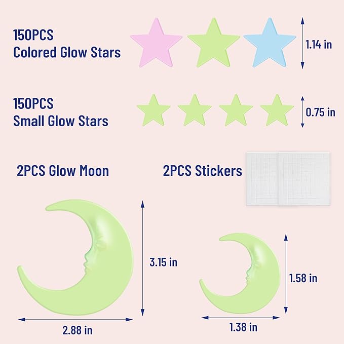 302 Pcs Glow in The Dark Stars Stickers for Ceiling Colorful Luminous Ceiling Stars Glow in The Dark,Adhesive Star Stickers Wall Decor,Perfect for Kids Room,Birthday Gifts Christmas Stocking Stuffers