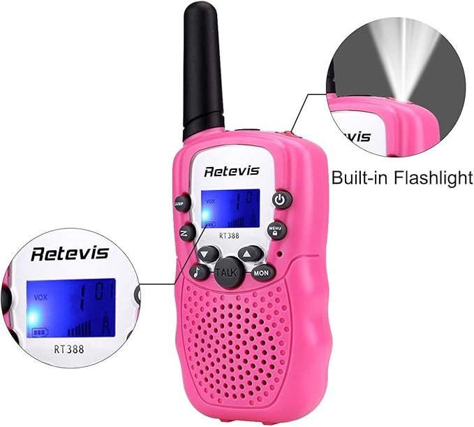 Retevis RT-388 Kids Walkie Talkies for Girls Boys,6-12 Year Old Kids' Toys,22 CH LCD Flashlight,Christmas Halloween Gifts,Camping Outdoor(Pink,2 Pack)