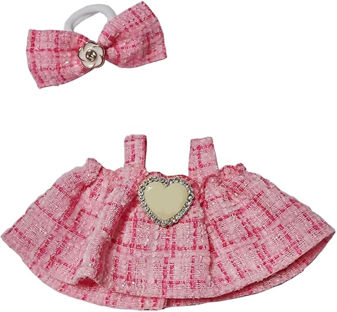 17cm Doll Clothes - Luxury Chic Style Pink Dress Set for 5.91-6.7“ (15-17cm) Dolls, Cute Premium Fashion Doll Outfit with Accessories - Pink Plaid Tweed Dress +Plaid Bow