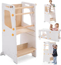 Toddler Standing Tower, Toddler Step Stool with White Board&Convertible Table and Chair, Kitchen Stool Height Adjustable with Safety Rail, Helper Tower for Kids Cooking