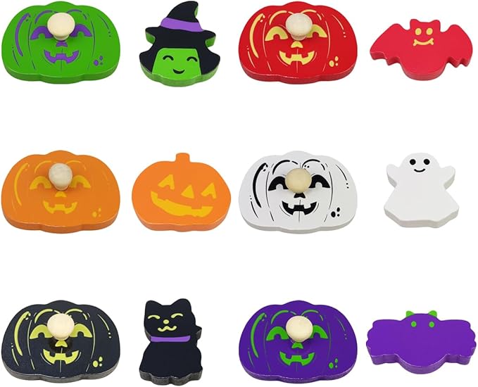 Pinkiwine Halloween Pumpkin Wooden Peg Puzzles Montessori Educational Toys for Kids Toddlers Halloween Toys Party Favors Treat Bags Gifts