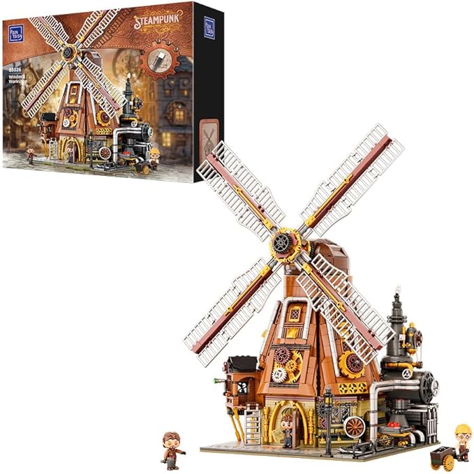 PANTASY Steampunk Windmill Workshop Building Set - Dutch Windmill Architecture with Mechanical Drive with Motorized Rotating Blades,Gear Details,and Openable Wall - Collectible Display Kit for Adults