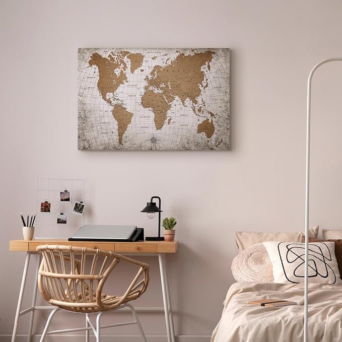artgeist Canvas Wall Art Print World Map 24x16 in - 1pcs Home Decor Framed Stretched Picture Photo Painting Artwork Image Abstract World Map Vintage Continents k-C-10001-b-a