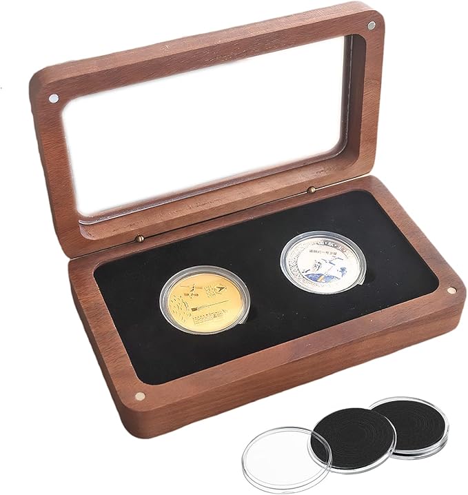 Walnut Wood Challenge Coin Display Case , Coin Box, Acrylic Clear Cover, 2 Slot Design, Compatible with Coins Measuring 17/20/25/27/30/35/40/46mm in Diameter and Less Than 3mm in Thickness
