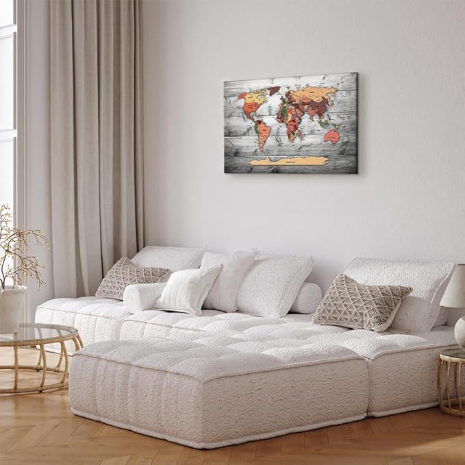 artgeist Canvas Wall Art Print World Map 35x24 in - 1pcs Home Decor Framed Stretched Picture Photo Painting Artwork Image World Travel Map Wood k-B-0009-b-c
