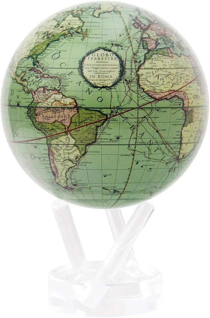 MOVA Antique Terrestrial Globe 4.5" – Green Vintage Map, Solar Powered Rotating Desktop Globe, Classic Decorative Gift