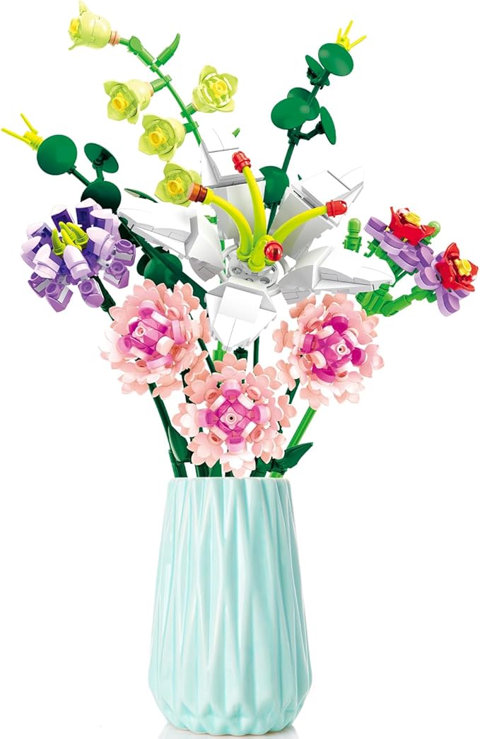 Flower Bouquet Building Blocks Artificial Pink Carnation Botanical Collection Bricks Sets Kits Christmas X'Mas Birthday Anniversary Valentine Gifts for Adults Women Mom Girlfriends(514PCS)